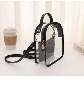 Dettaglio della mini borsa in PVC trasparente con finiture in pelle nera e pochette