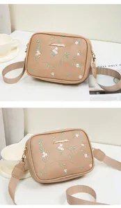 Close-up of floral embroidery on a beige crossbody bag with adjustable strap details