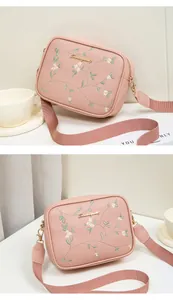 Detail of embroidered floral patterns on pink leather camera bag with wide strap