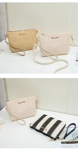 Close-up of woven straw handbag textures featuring metal zippers and logo detail