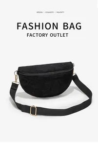 Detail shot of black corduroy crossbody bag with vertical ribbed texture and gold zipper