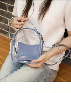 Foto lifestyle di un mini zaino in PVC trasparente con finiture azzurre indossato da una modella
