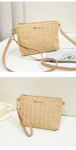 Detail of woven straw handbag featuring V-pattern texture and gold zipper closure