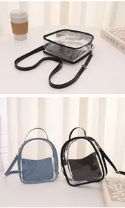Dettaglio di mini zaini in PVC trasparente e borsa a tracolla con tasche interne abbinate
