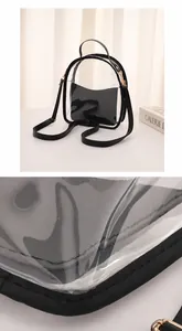 Détail d'un mini sac bandoulière en PVC transparent avec liseré noir et coutures précises