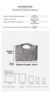 Detailed dimension chart for grey felt handbag showing 24x4x19cm size and 99g weight