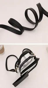 Détail de la bandoulière souple et vue de l'intérieur du sac à bandoulière en PVC transparent