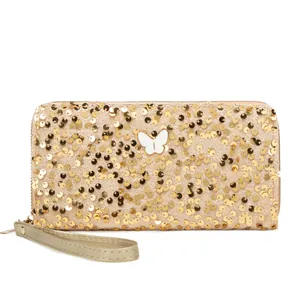 Pochette con paillettes champagne da donna con logo a farfalla bianca e cinturino da polso