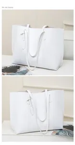 Detail view of white soft leather tote bag with elegant texture and dual handles