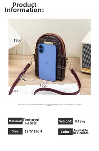 Detail view of 13x19cm crossbody phone bag with two zippers and vintage logo print