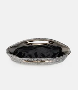 Detail of gray felt handbag showing metal ring handles and spacious black interior