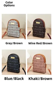 Detailed color display of four multi-layer crossbody phone bags with letter prints