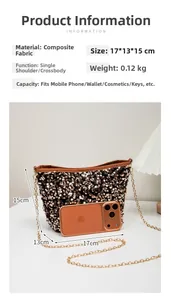 Detailed size comparison of the sequin bucket bag with a smartphone and product dimensions