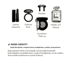 Internal capacity view of woven handbag showing lipstick, perfume and earbuds