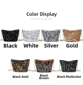 Detailed color display of sequin bucket bags with metal chain straps in seven shades