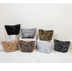 Detailed collection of shiny sequin chain bucket bags in seven metallic gradient colors