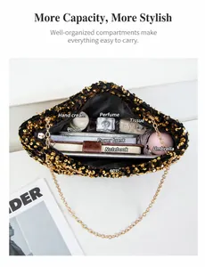 Detailed view of black and gold sequin bag capacity showing iPad and essentials