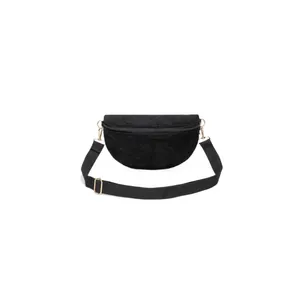 Black corduroy crescent crossbody bag with adjustable strap and golden zippers