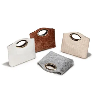 Women Fashion Minimalist Handbag Metal Oval Handle Evening Clutch Bag Polyester Felt Woven Texture Party Tote Bag