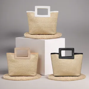 Woven Straw Handbag Minimalist Contrast Color Small Tote Bag With Rectangular Cutout Handle Casual Summer Beach Accessory