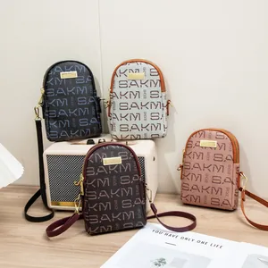 Fashion Monogram Letter Print PU Leather Mini Crossbody Bag Small Cell Phone Bag With Double Zipper Metal Logo For Women