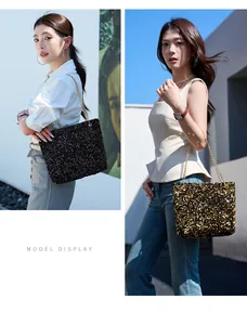Fashionable sequin shoulder bag with gold chain strap styled for different outfits
