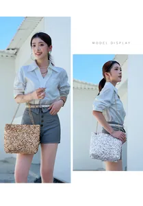 Outdoor model display of shimmering sequin chain shoulder bags in gold and silver colors