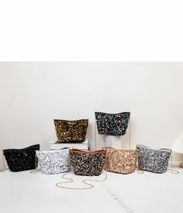 Detailed collection of glittering sequin bucket bags in various colors with gold chains