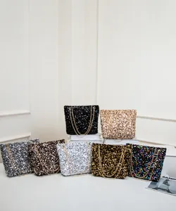 Detailed collection of shiny sequin shoulder bags in seven vibrant colors with chain straps