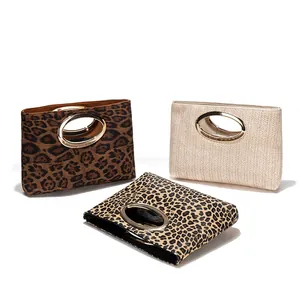 Pochette da Donna alla Moda con Stampa Leopardata Manico in Metallo Dorato Borsa da Sera Vintage in Pelle PU Intrecciata