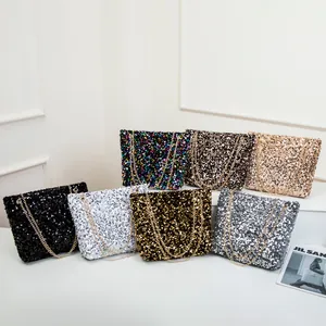 Fashion Shiny Sequin Shoulder Bag For Women Metallic Chain Strap Tote Bag Personality Evening Party Shopping Bag Glam Handbag