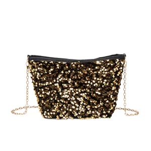 Sparkling gold sequin bucket bag with elegant metal chain strap for evening parties