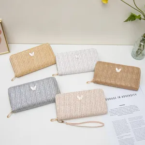 Cartera Larga de Paja Tejida para Mujer Adorno de Mariposa Bolso de Mano con Cremallera y Pulsera Portatarjetas Funda para Teléfono Accesorio de Moda