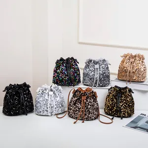 Sac Seau à Paillettes Mode pour Femmes Sac à Bandoulière à Cordon de Serrage Pailleté Mini Sac à Bandoulière de Fête Petit Sac à Main