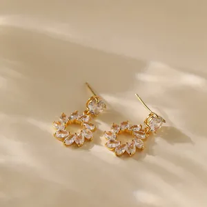 18K gold plated flower wreath stud earrings featuring marquise-cut zircon stones
