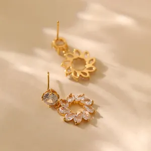18K gold plated flower earrings with sparkling cubic zirconia crystals for women