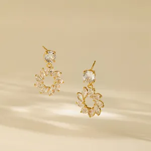Elegant 18K gold plated flower drop earrings with sparkling cubic zirconia crystals