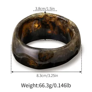 Detailed dimensions of wide bohemian acrylic bangle with marbled resin texture and brown tones