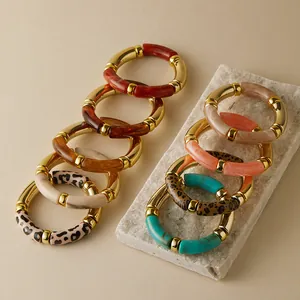 Bohemian acrylic tube beaded stretch bracelets set with marble textures and gold spacers