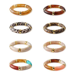 Bohemian Harz Bambusrohr Elastisches Armband Für Damen Vintage Leopard Marmormuster Armreif Mit Gold Metall Spacer Modeschmuck Geschenk