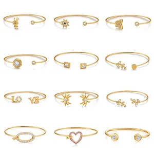 Cuff Bracelet Brass 18K Gold Plated Zirconia Inlaid Nature Leaf Heart Butterfly Adjustable Open Bangle Jewelry For Women Gift