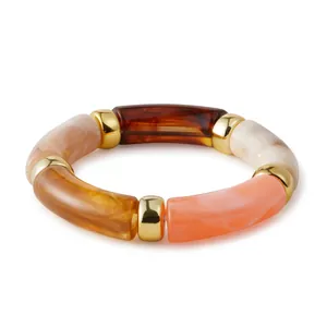 Bohemian elastic acrylic bracelet with multicolored marble resin and gold metal beads