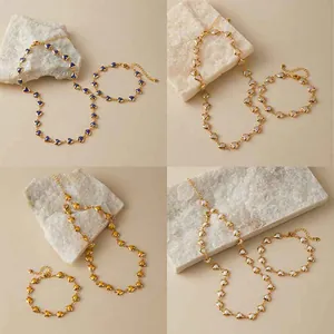 18K gold-plated heart necklace and bracelet jewelry set with pearl and enamel inlays