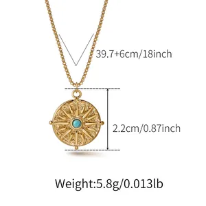 Detailed size specifications for a gold sunburst compass necklace with turquoise stone