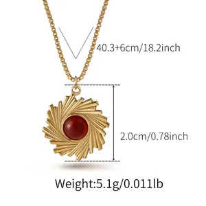 Detail view of gold sunflower pendant with red gem and box chain dimensions