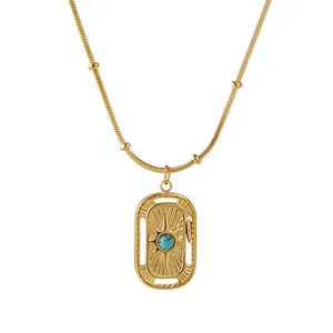 Bohemian gold stainless steel necklace with sunburst oval pendant and turquoise stone