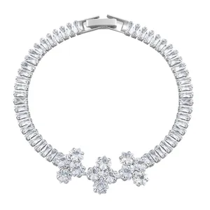 Bohemian style 18K silver bracelet with rectangular zircons and floral cluster charms