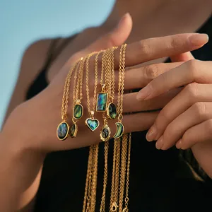 Bohemian gold shell necklace collection with abalone pendants in colorful geometric shapes