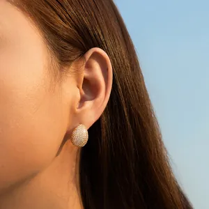 Elegant gold-tone teardrop stud earrings with pavé cubic zirconia worn by a model