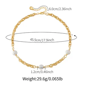 Detailed size guide for gold pearl necklace with measurements of chains and pearl diameter